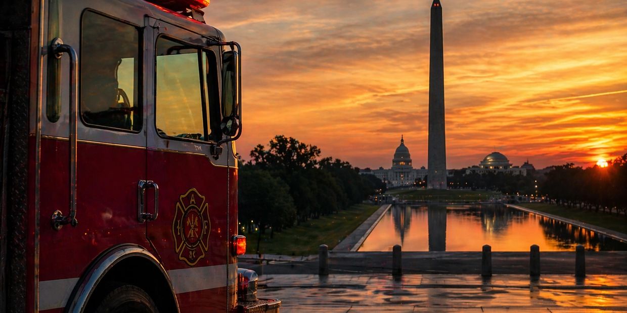 Fire truck parked near Washington Monument at sunset.