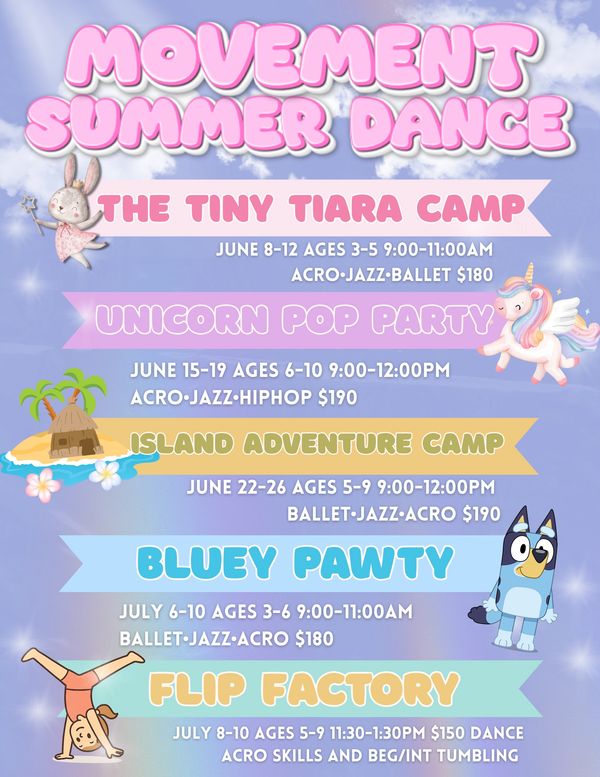 Colorful summer dance camp flyer for kids with themed sessions and schedules.