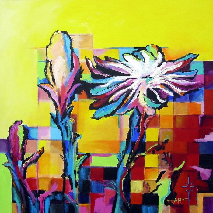 Bright painting of a cactus blossom and two buds against a pixelated background of many colors.