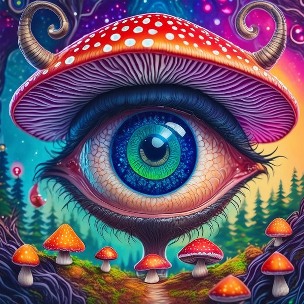 A surreal giant eye under a red mushroom cap with small mushrooms around in a colorful forest.