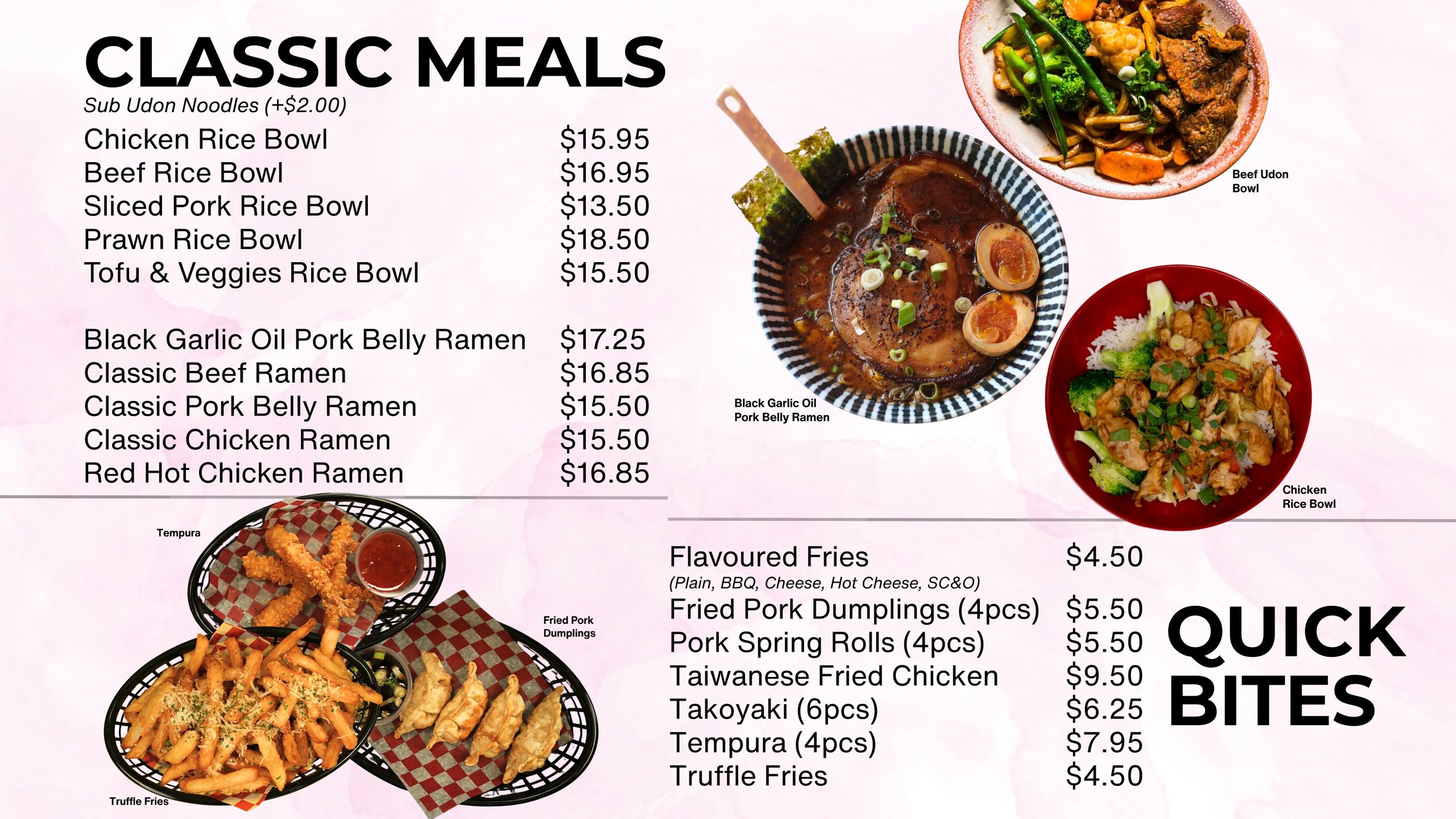 Menu showing classic meals with rice bowls, ramen, and quick bites like fries and dumplings.