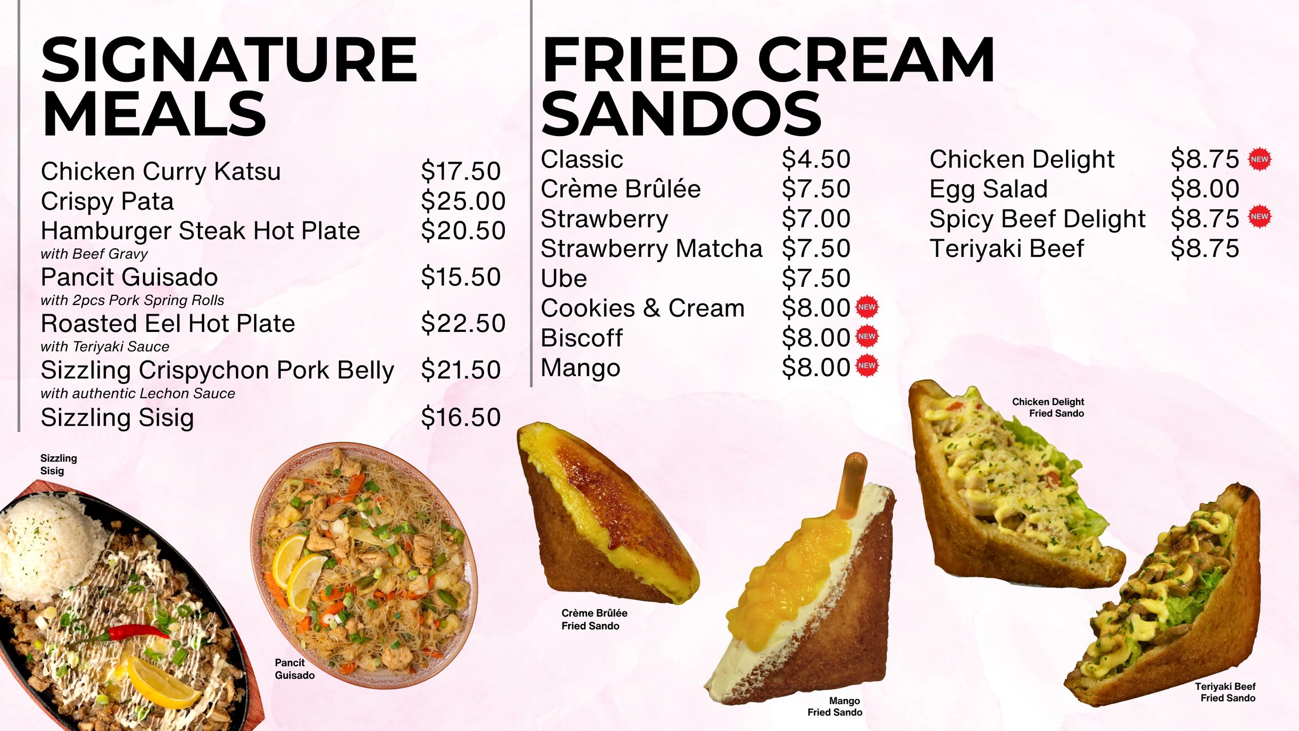 Menu featuring signature meals and fried cream sandos with prices and images.