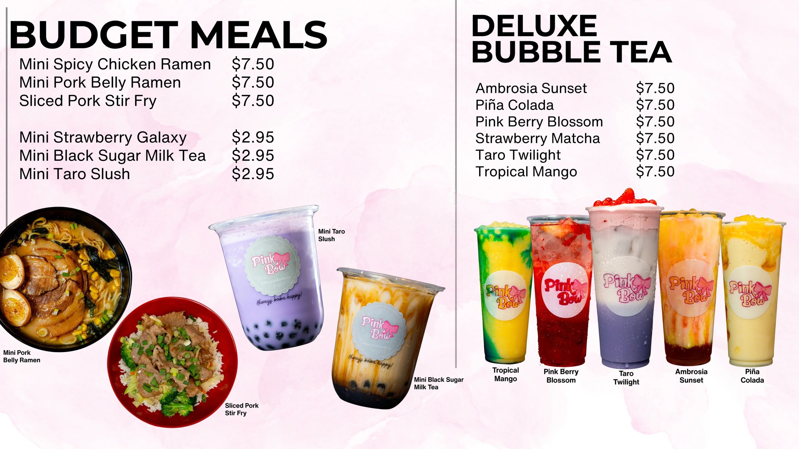 Menu featuring budget meals and deluxe bubble tea options with prices.