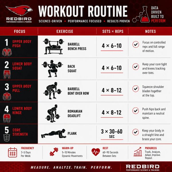 Workout routine with five strength exercises and guidelines.