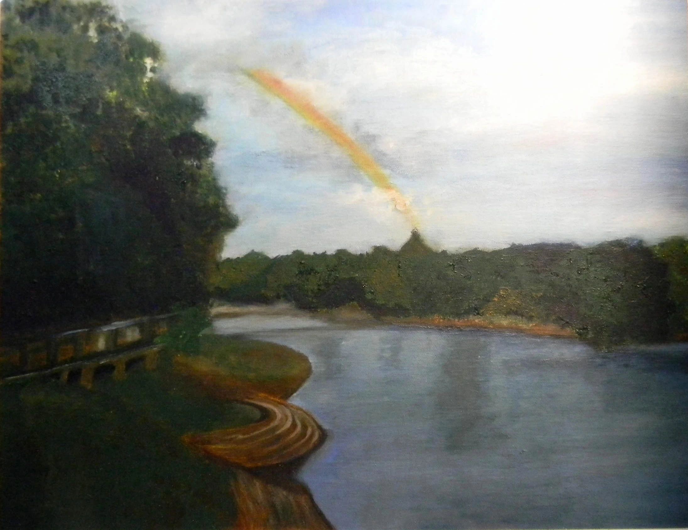 Rainbow over a calm lake; Oil on canvas; 9 H x 11 W inches; Price = $450