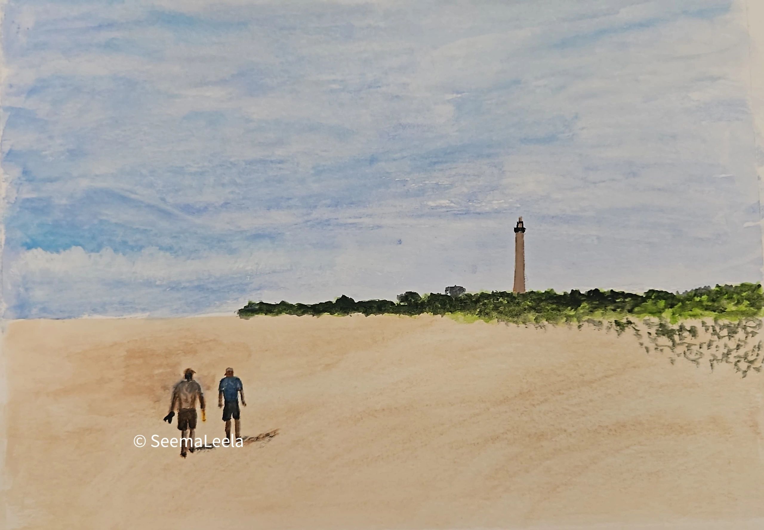 Two people walking on a vast sandy beach.