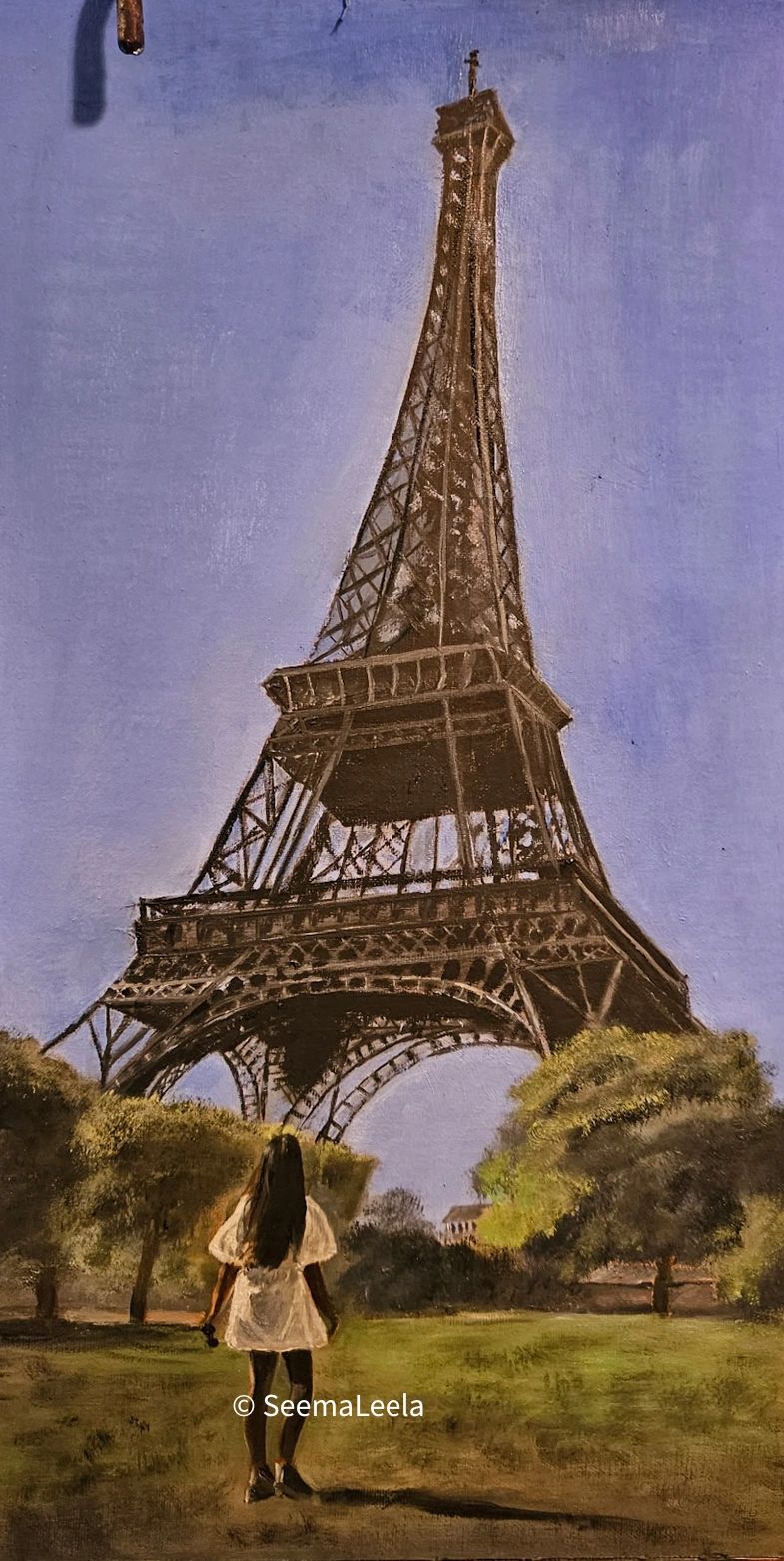 Painting of a woman looking at the Eiffel Tower.