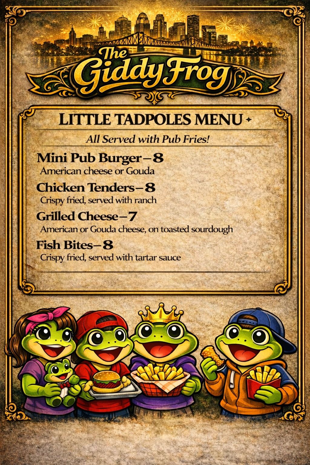 Colorful frog family menu with kid-friendly pub food and fries.