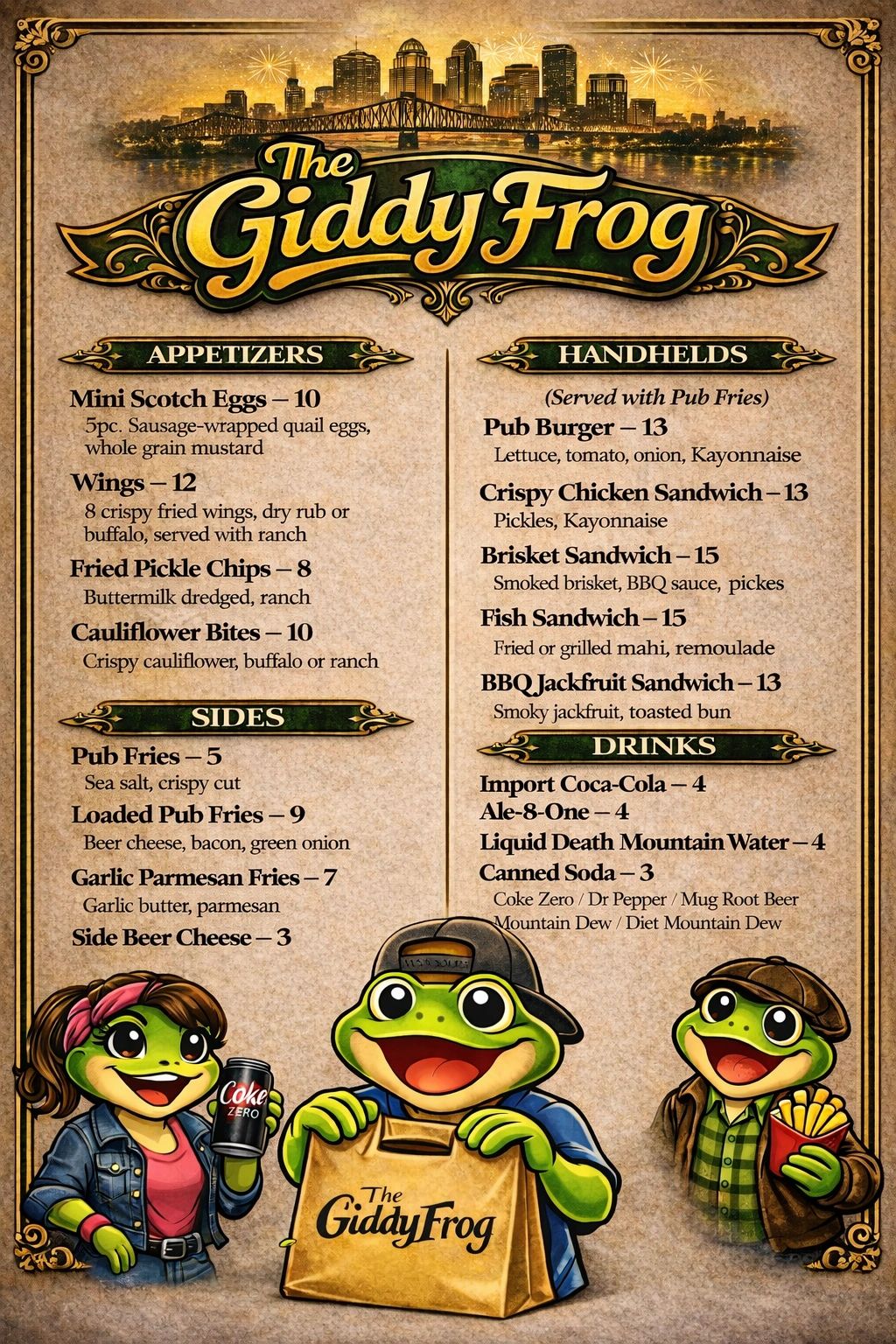 Menu from The Giddy Frog featuring appetizers, handhelds, sides, and drinks with frog mascots.