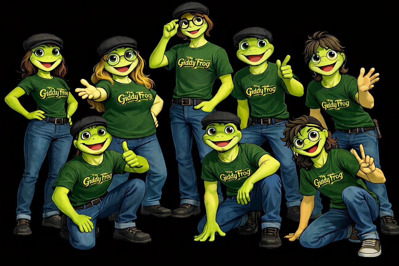 Cartoon frogs in green shirts and jeans posing against a black background.