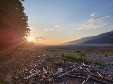 Sunset over a riverbed with driftwood and mountains.