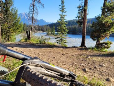 Mountain bike resting by a serene lakeside with pine trees and mountains.