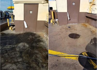 Stained concrete commercial restaurant before and after pressure washing service photo 
