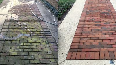 Walkways Patios Porches pressure washing cleaning service before and after photo. 