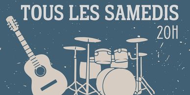 Poster announcing live music every Saturday at 8 PM with guitar and drum illustrations.