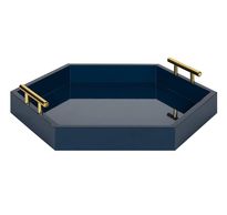 Kate and Laurel Lipton Hexagon Decorative Tray with Polished Metal Handles, Navy Blue and Gold