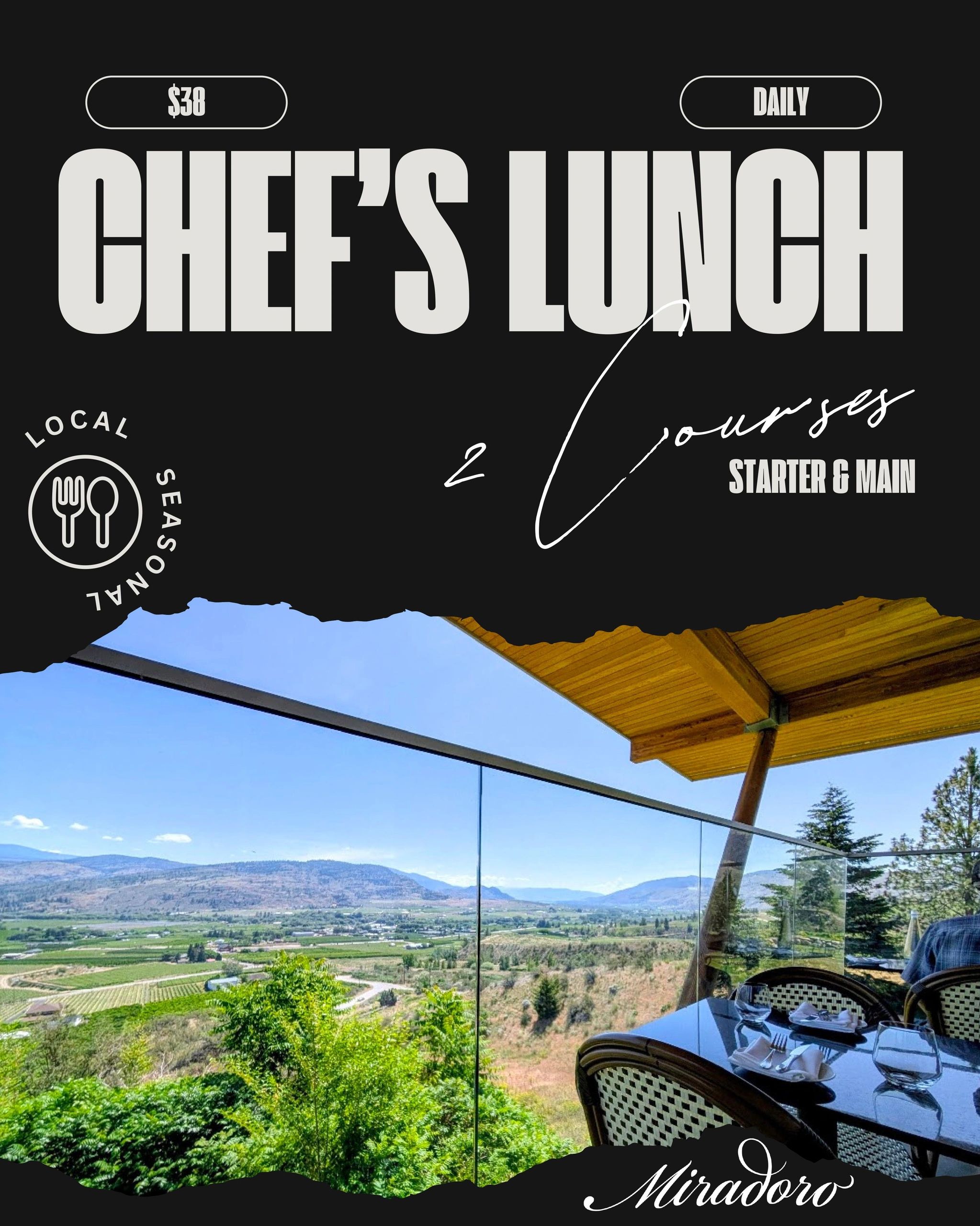 Chef's Lunch special with a scenic outdoor dining view.