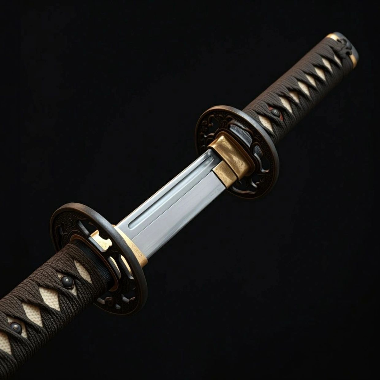 Close-up of a traditional Japanese katana handle and blade.