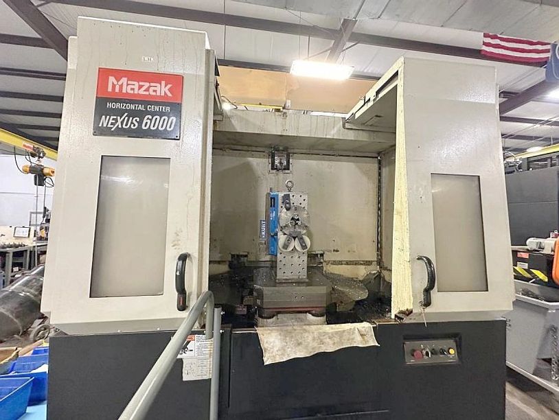 Mazak Nexus 6000 horizontal CNC machining center in an industrial workshop.