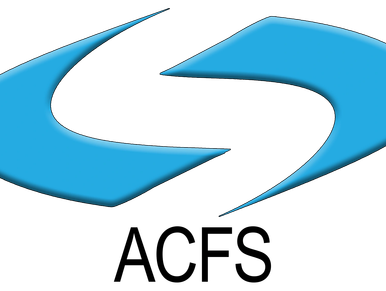 Blue stylized logo with sharp edges.