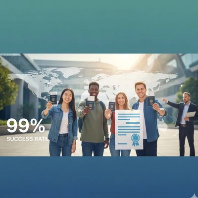 Happy diverse group holding passports with 99% success rate text and world map background.