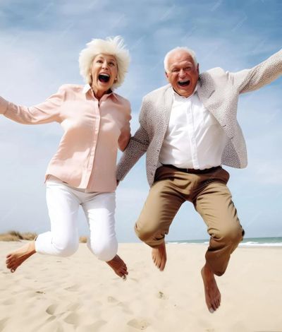 Joyful elderly couple jumping on the beach with smiles.