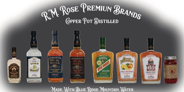 A photo of all of the products that R.M. Rose produces from corn whiskey to cinnamon soaked cherries
