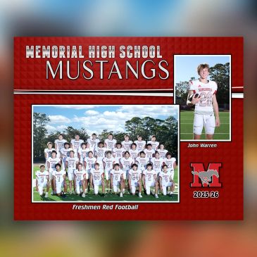 Memorial High School Mustangs freshmen red football team photo with John Warren.