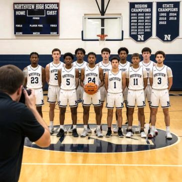 High school boys basketball team posing for a photo in gym.