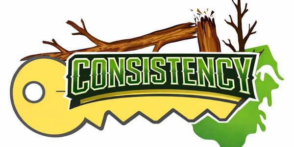 A key labeled 'CONSISTENCY' breaking a wooden branch.