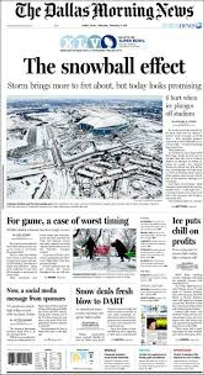 The Dallas Morning News front page about snowstorm impact.