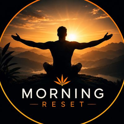 Person meditating at sunrise with text 'Morning Reset'.
