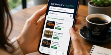 Person browsing restaurant listings on a smartphone app.