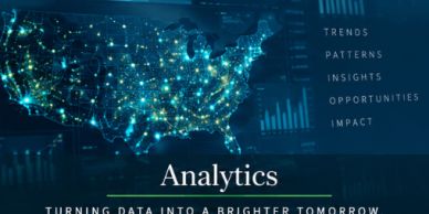 Digital map of the US with data points and analytics keywords.