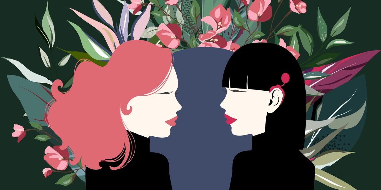 A graphic of two women facing each other. The woman on the left has pink hair, the ri