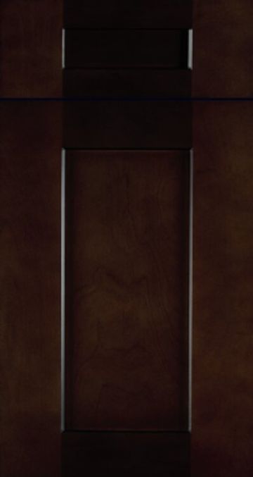 Close-up of a dark wood panel door with a rectangular recessed design.
