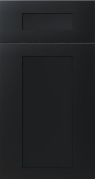 Matte black kitchen cabinet door with a recessed panel design.