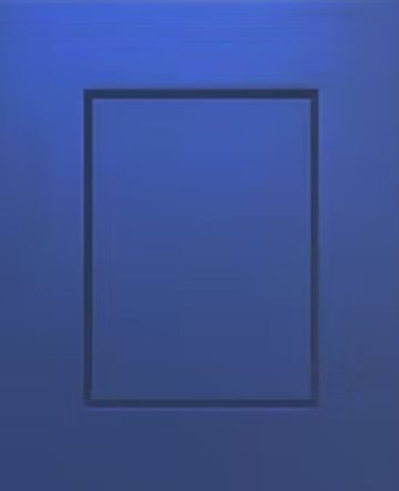 Minimalist blue wall with a subtle rectangular outline.