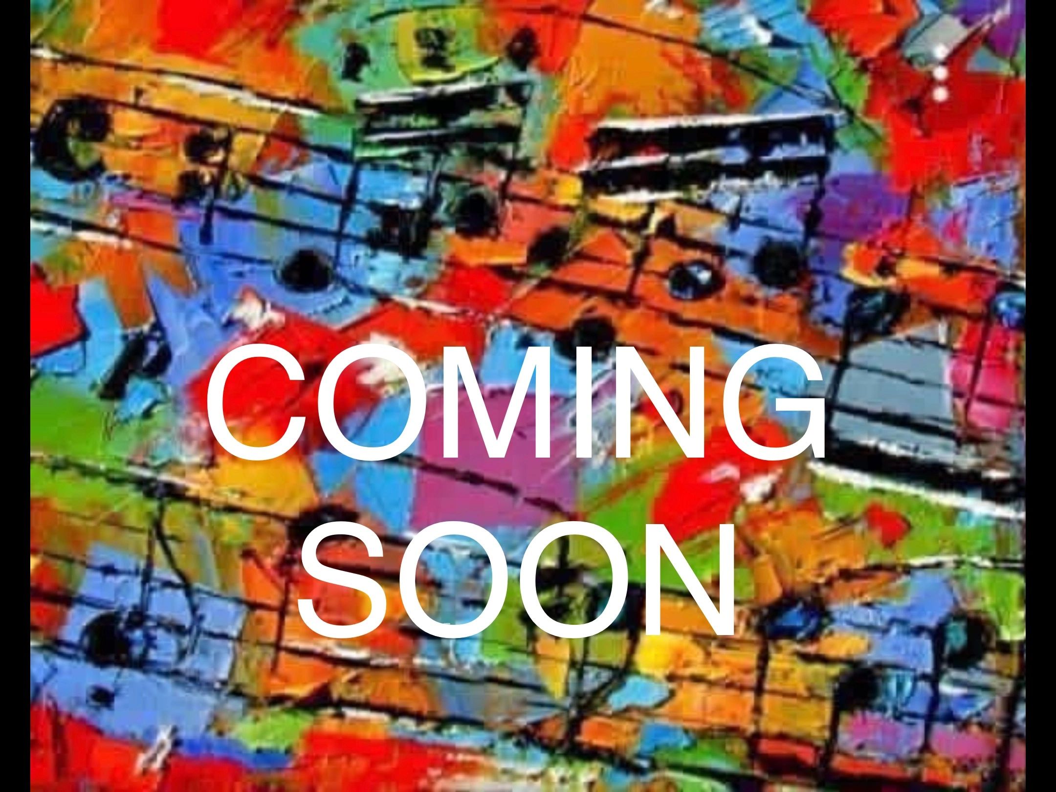 Colorful abstract painting with musical notes and 'COMING SOON' text.