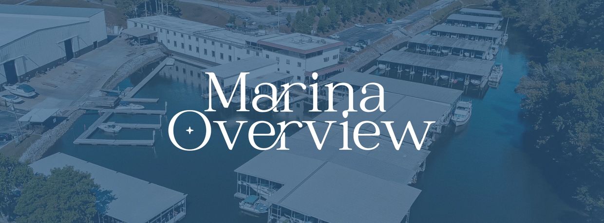 Aerial view of a marina with covered docks and boats.