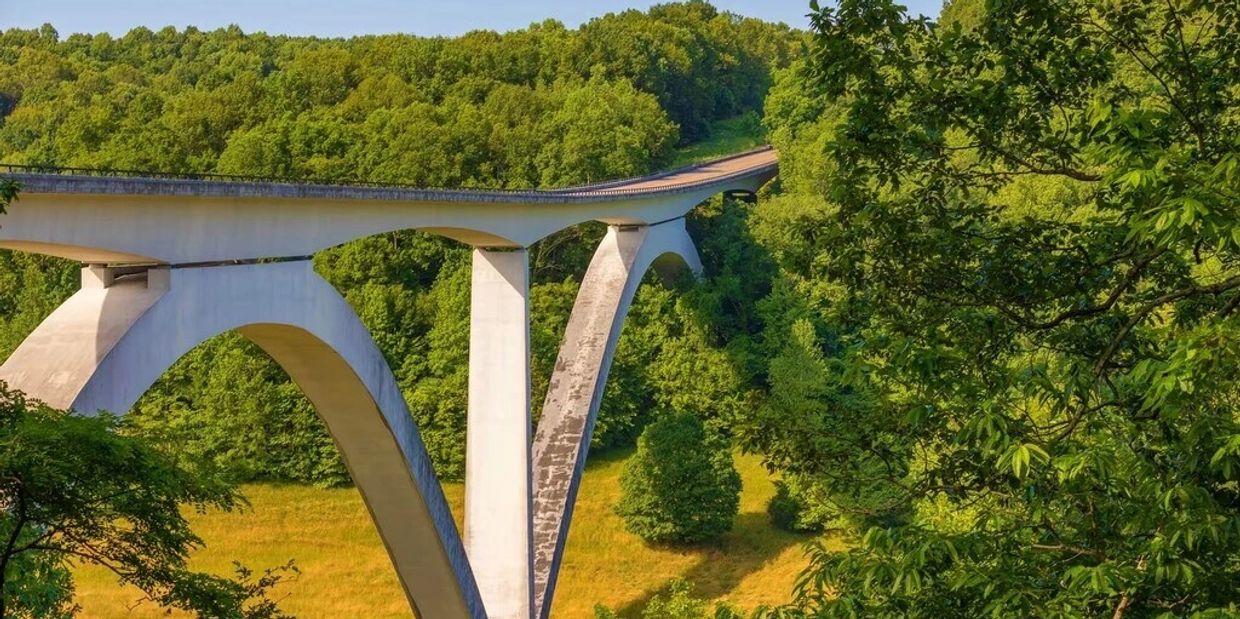 White arched bridge over forested valley.
