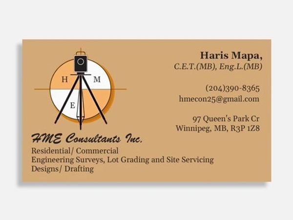 Business card for HME Consultants Inc. featuring surveyor equipment and contact details.