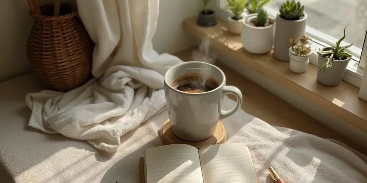 A cozy minimalist workspace with a journal, a steaming coffee mug and plants