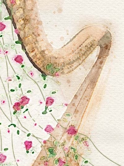 Decorative image of a harp with rose vines for strings