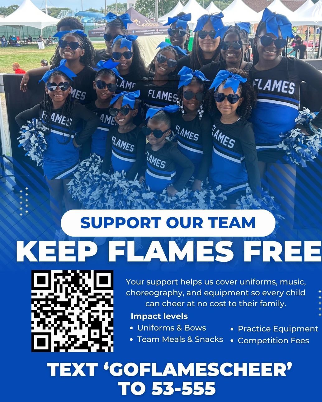 Cheerleading team with blue uniforms and bows promoting support for their team.
