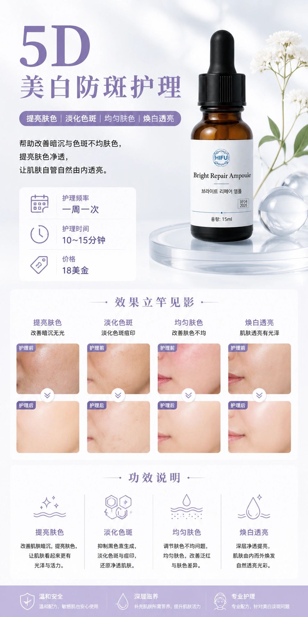 5D brightening and anti-spot care serum with visible results and skin benefits.