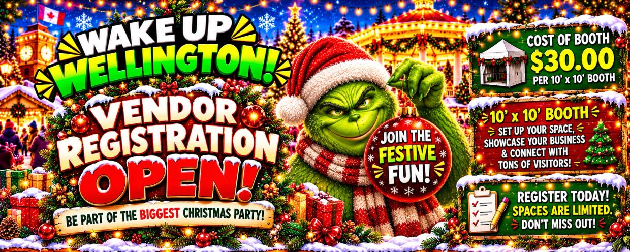 Colorful Christmas vendor registration announcement with the Grinch and festive decorations.