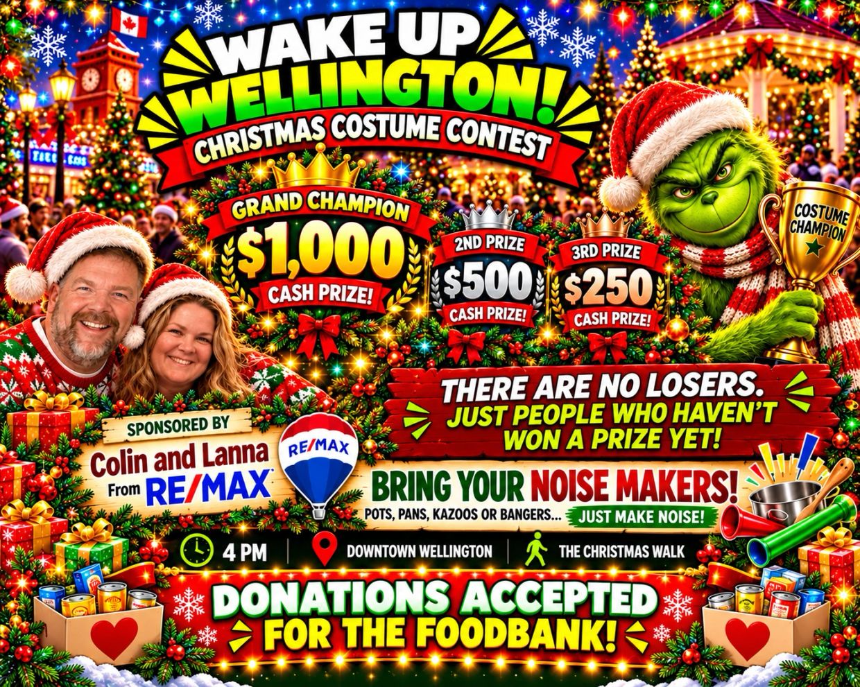 Christmas costume contest in Wellington with cash prizes and foodbank donations.