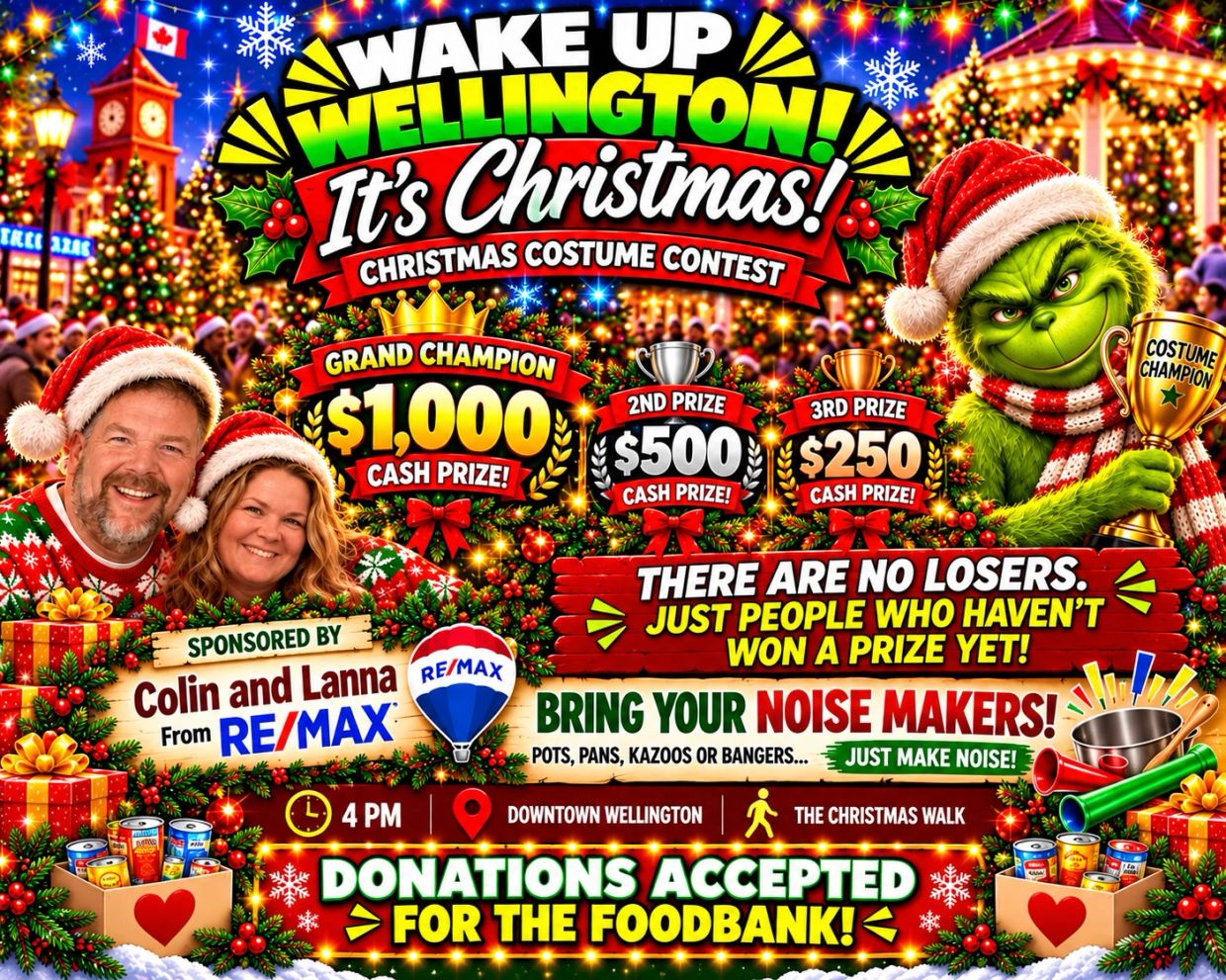 Christmas costume contest in Wellington with cash prizes and foodbank donations.