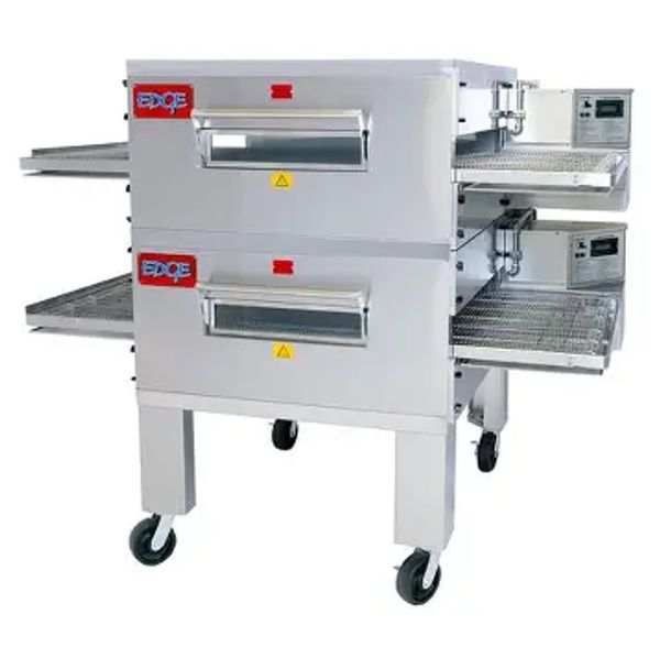 Commercial double-deck conveyor pizza oven with stainless steel trays and caster wheels.